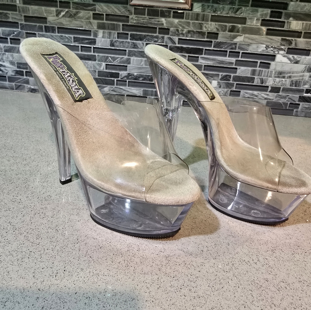 Pleaser Funtasma Shoes 7 Clear Lucite Platform High Heel Slides Vinyl Open Toe